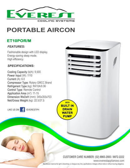 1.0 HP Portable Aircon|non-inverter|fashionable design with led display|sleep mode| high efficiency|with built-in drain water pump|remote control|r410a refrigerant|application area: 11-15 sqm.|Dimension(WxDxH)34.5x35.5x70.3.cm|27.5kg|ET10POR/M