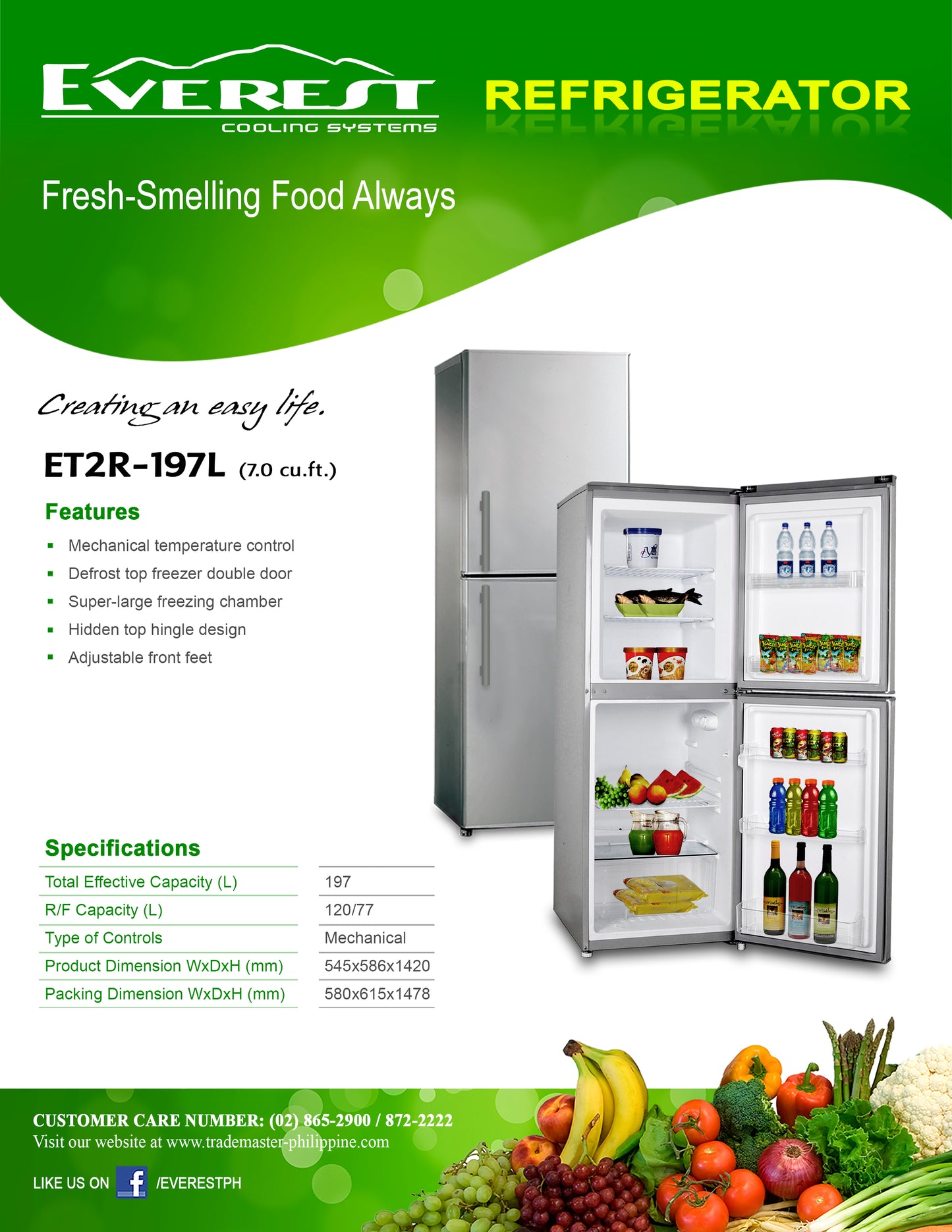 7.0 cu.ft. Two-door Refrigerator | mechanical temperature control |defrost top freezer double door|super-large freezing chamber|hidden top hingle design|adjustable front feet |4.7ft.||ET2R-197L