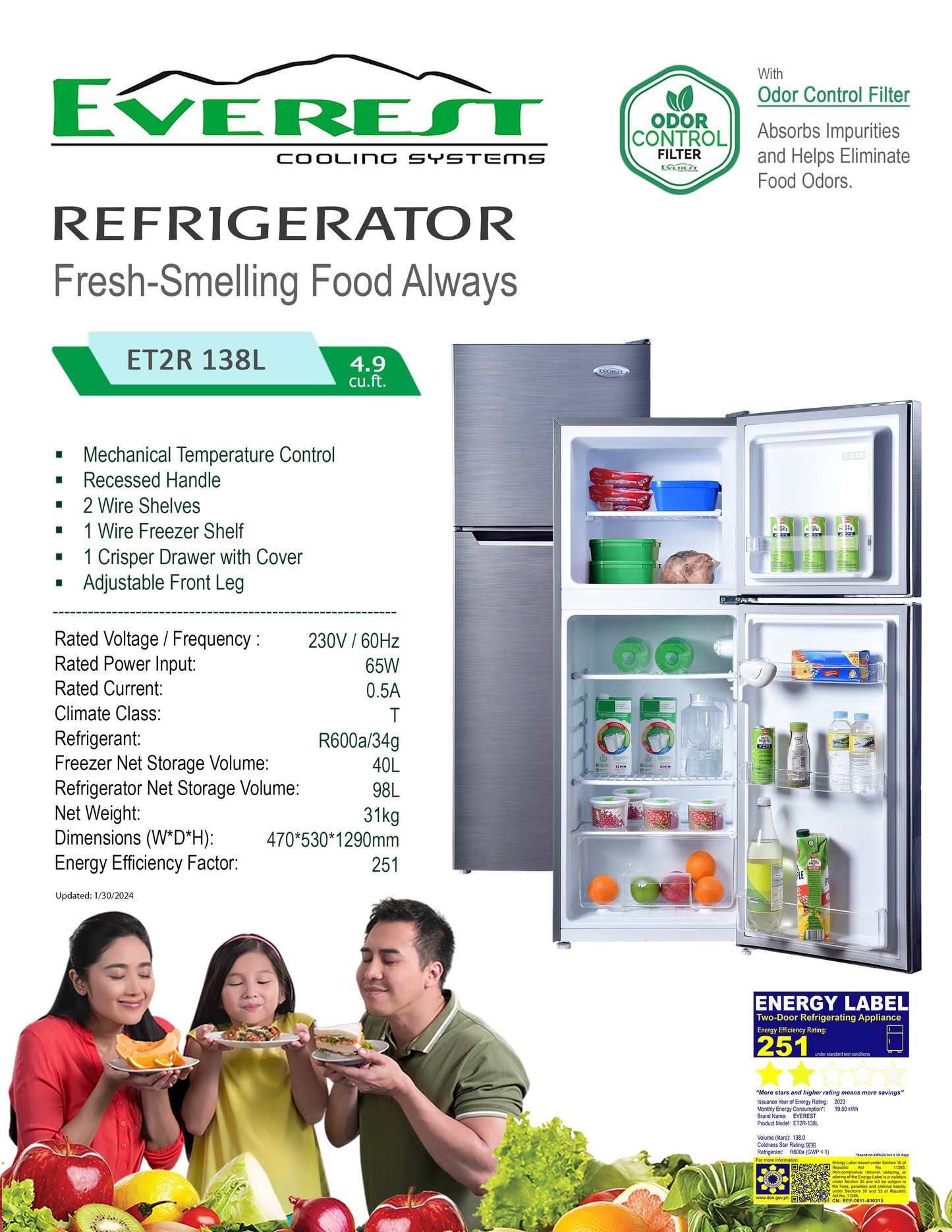 4.9 cu.ft. Two-door Refrigerator | mechanical temperature control | recessed handle | adjustable front leg|4.23ft. | 31kg.|ET2R-138L