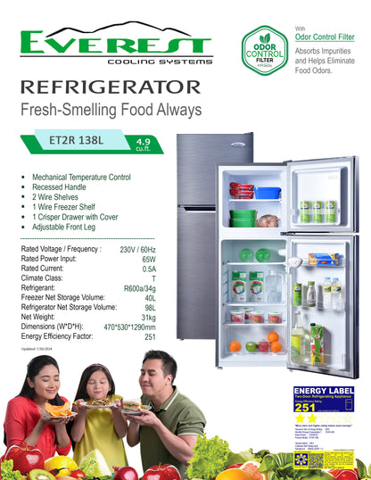 4.9 cu.ft. Two-door Refrigerator | mechanical temperature control | recessed handle | adjustable front leg|4.23ft. | 31kg.|ET2R-138L