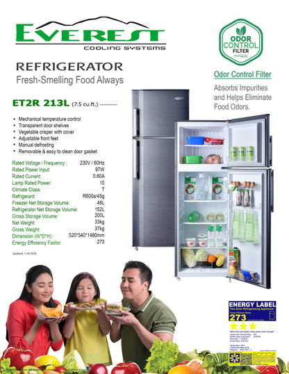7.4 cu.ft. Two-door Refrigerator | Mechanical Temperature Control |Manual Defrosting | R600a Refrigerant | Transparent Door Shelves | Vegetable Crisper with Cover | Adjustable Front Feet | Remove and Easy to Clean Door Gasket | 97W