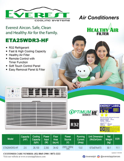 2.5 HP Window Type Aircon | automatic with remote control | non-inverter| r32 refrigerant| horizontal air swing | soft touch control panel | easy removal panel & filter | application area: 34-42 sqm|Dimension (WxDxH)67.3x67.4x47.3cm|ETA25WDR3-HF