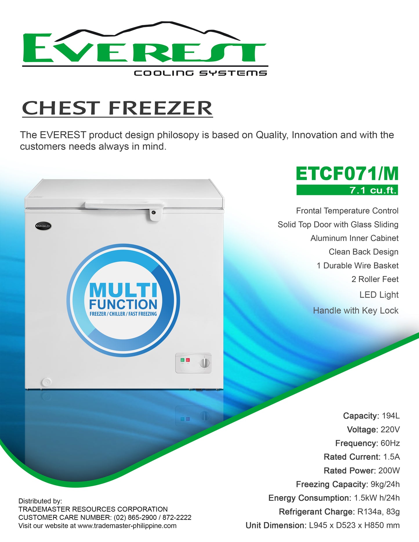 7.1 cu.ft. Chest Freezer | multi function - freezer/chiller/fast freezing | solid top door with glass sliding | aluminum inner cabinet | key lock