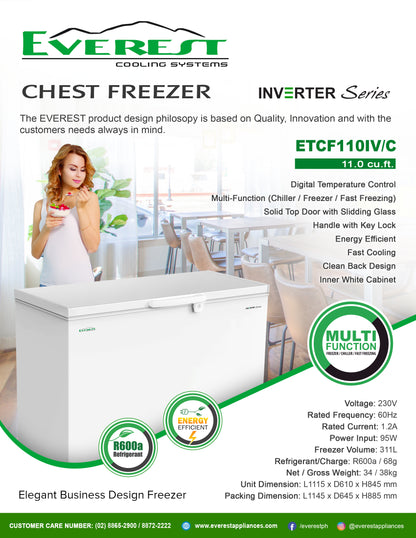 11.0 cu.ft. Chest Freezer Inverter|digital temperature control|solid top door  with sliding glass|handle with key lock|energy efficient|fast cooling|clean back design|inner white cabinet|2.7ft.|38kg|ETCF110IV/C