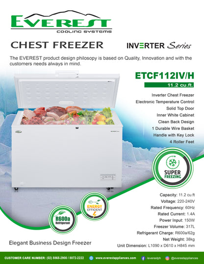 11.2 cu.ft. Chest Freezer Inverter|electronic temperature control|solid top door|inner white cabinet|clean back design| |handle with key lock|2.7ft| 38kg|ETCF112IV/H