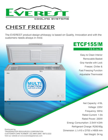 15.5 cu.ft. Chest Freezer|front temperature control|solid top door|removable basket|grip handle with lock|LED light|2.6ft.|54kg|ETCF155/M