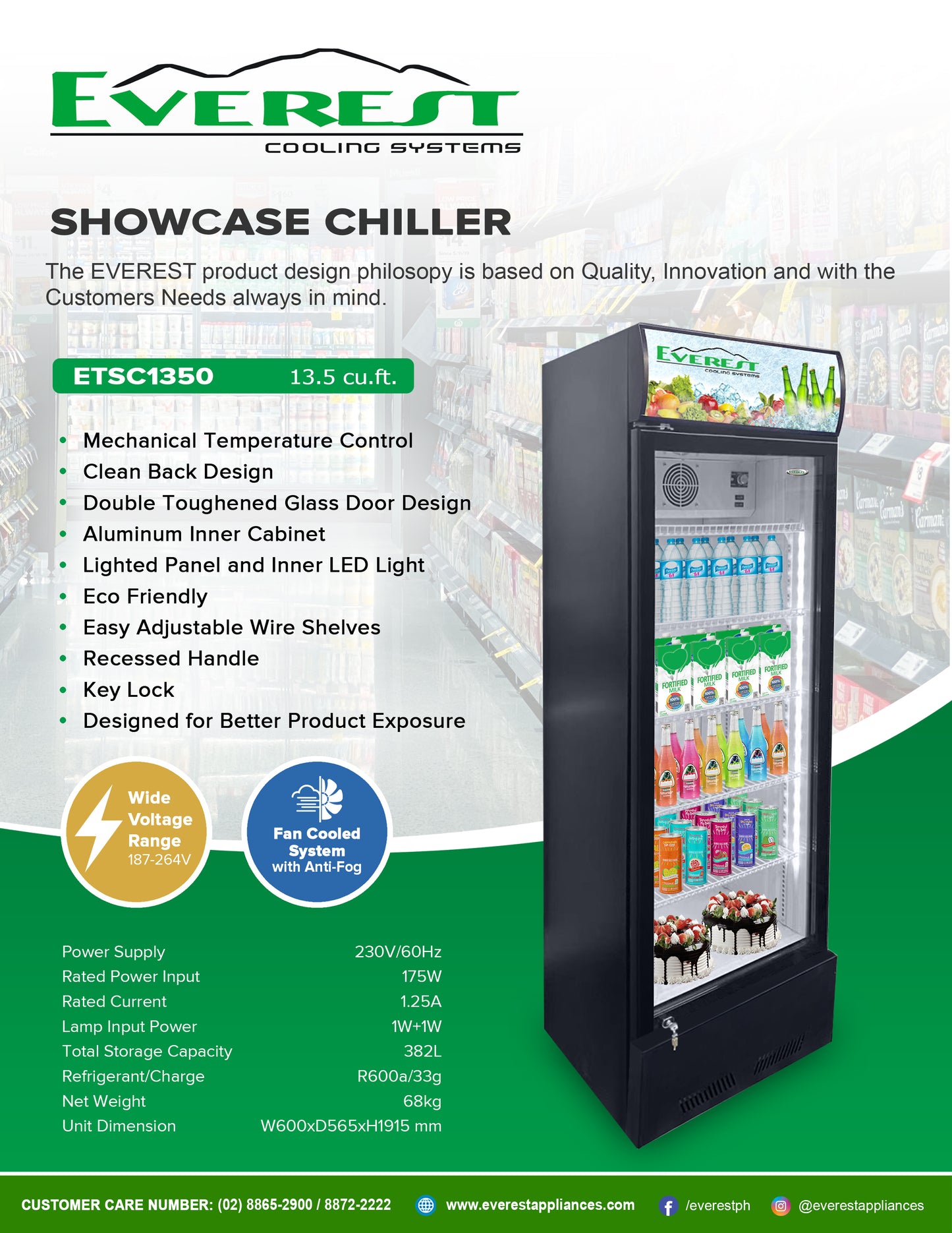 13.5 cu.ft. Showcase Chiller, Defrost|mechanical temperature control| clean back design|aluminum inner cabinet|lighted panel and inner LED light|eco friendly|easy adjustable wire shelves|recessed handle|key lock|6.3ft.|68kg.|ETSC1350